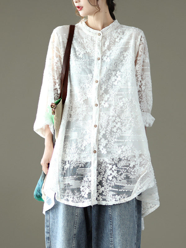 xakxx Vintage Loose Embroidered Lace Hollow Blouse