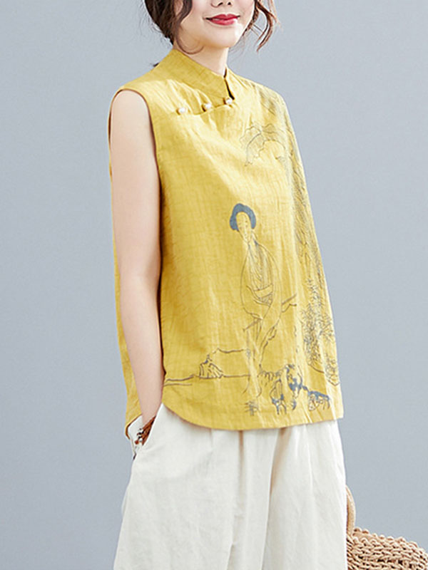 xakxx Artistic Retro Chinese-Style Printed Buttoned Stand Collar Sleeveless Vest