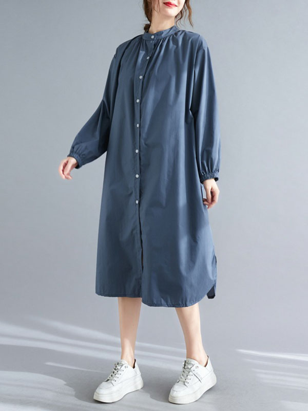 xakxx A-Line Long Sleeves Buttoned Elasticity Split-Side Mock Neck Midi Dresses Shirt Dress