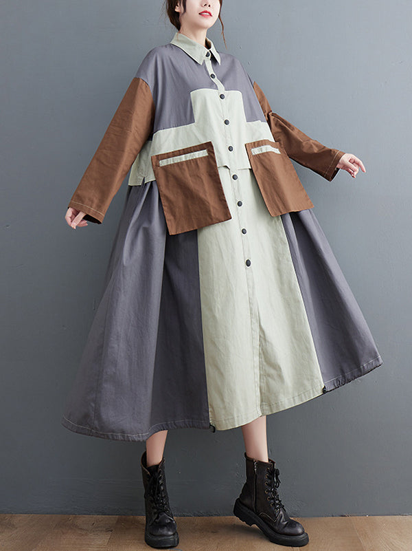 xakxx Vintage Loose Long Sleeves Contrast Color Polo Midi Dresses
