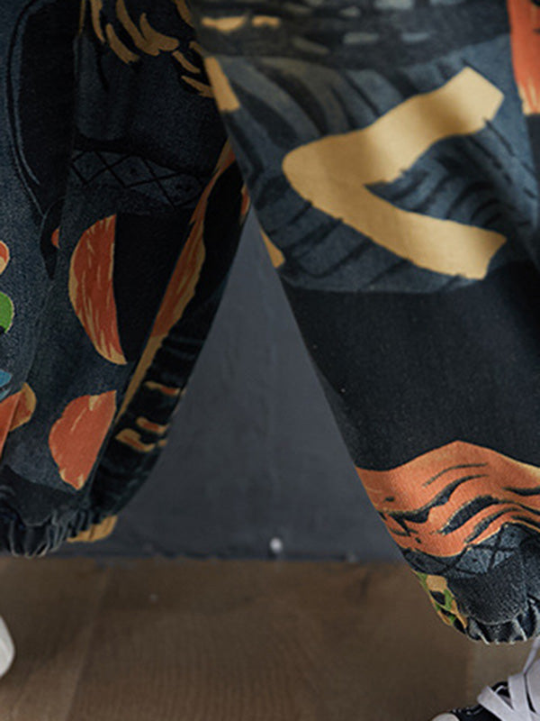 xakxx Original Cartoon Printed With Pocket Harem Denim Overalls