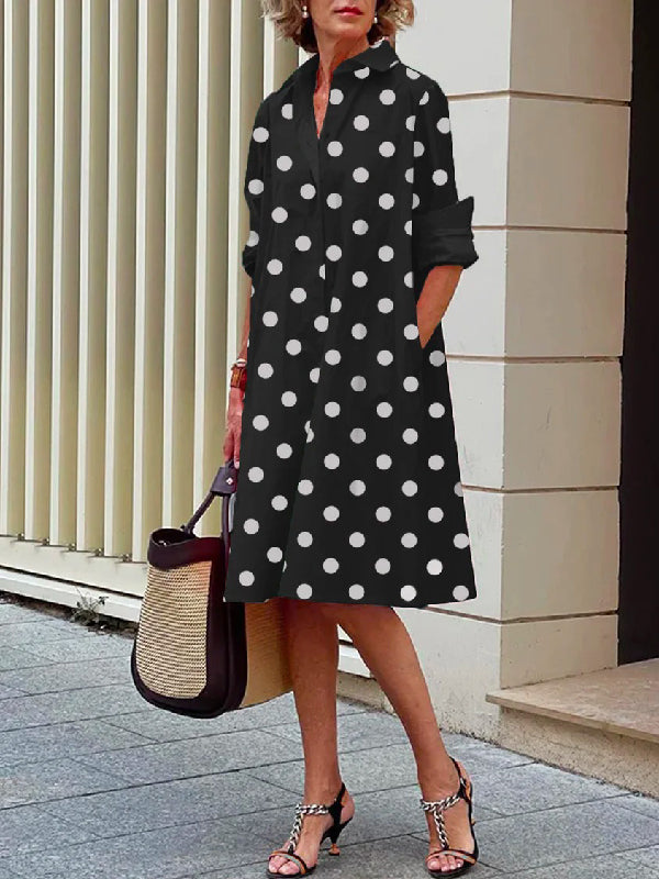 xakxx Vintage Long Sleeves Polka Dot Lapel Midi Dresses