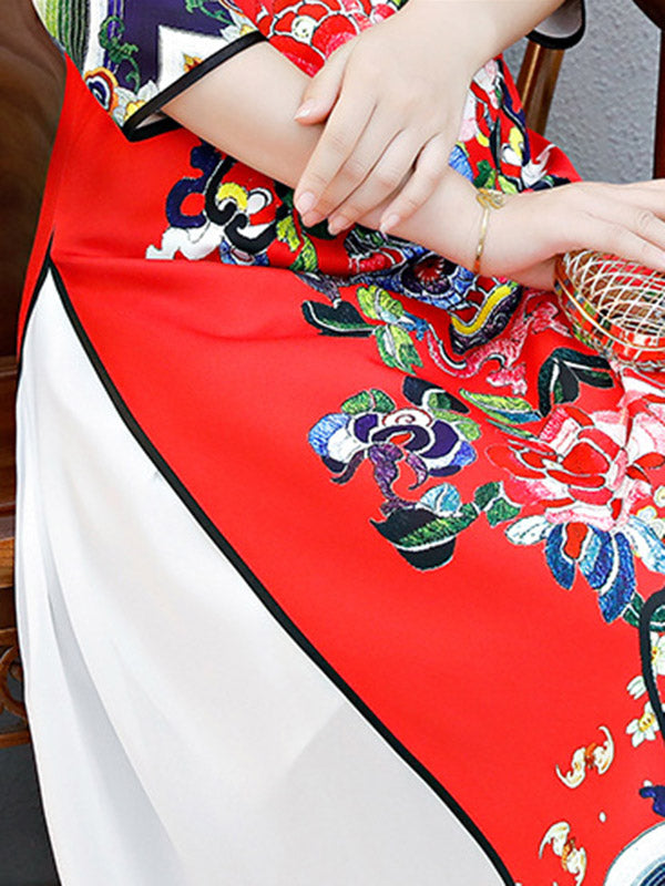 xakxx Red Split-Joint Seven-Quarter Sleeves Ao Dai Long Cheongsams