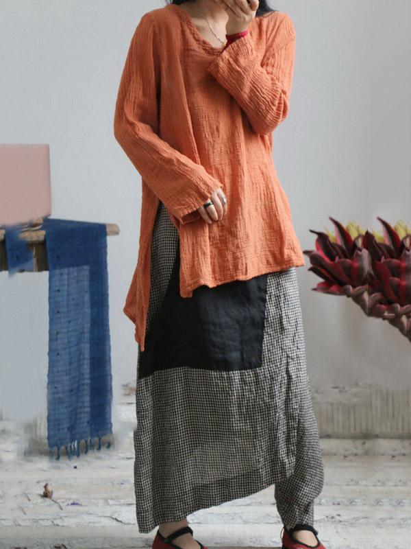 xakxx Vintage Plaid Split-joint Cropped Linen Pants