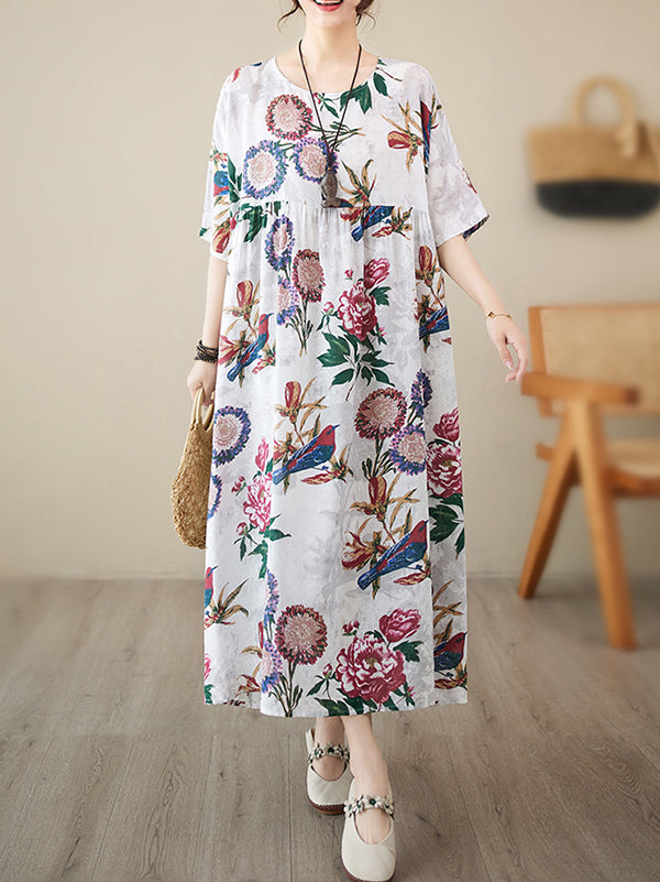 xakxx Batwing Sleeves Loose Pleated Split-Joint Round-Neck Midi Dresses