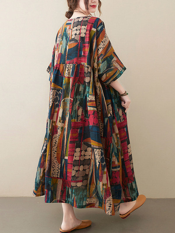 xakxx Vintage Loose Abstract Printed Pleated Round-Neck Half Sleeves Midi Dress