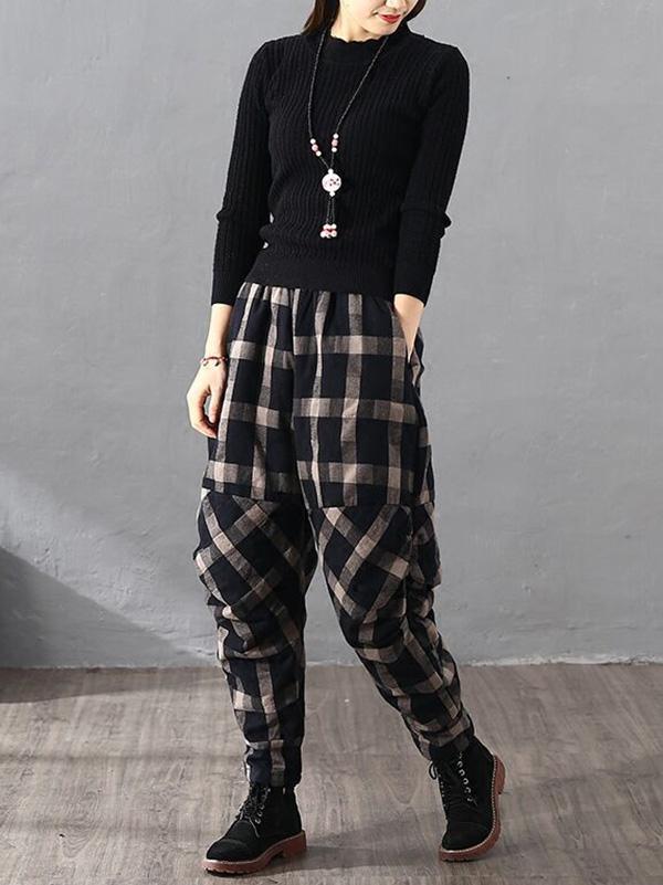 xakxx Vintage Plaid Thickening Pleated Harem Pants