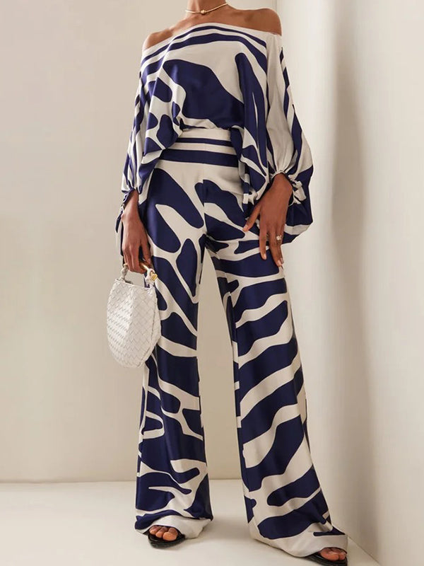 xakxx Printed Off-The-Shoulder Top + Wide Leg Pants Two Pieces Set