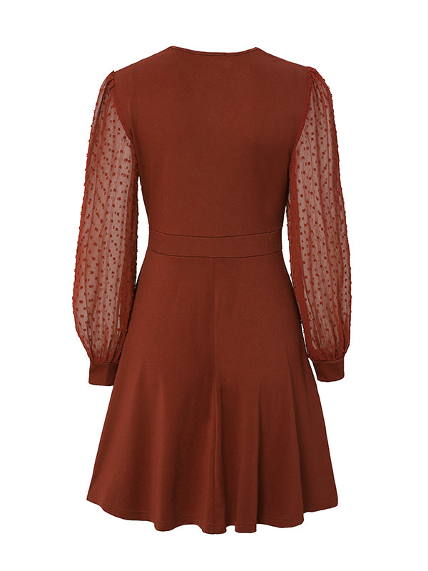 xakxx A-Line Long Sleeves Gauze Pleated Split-Joint V-Neck Midi Dresses
