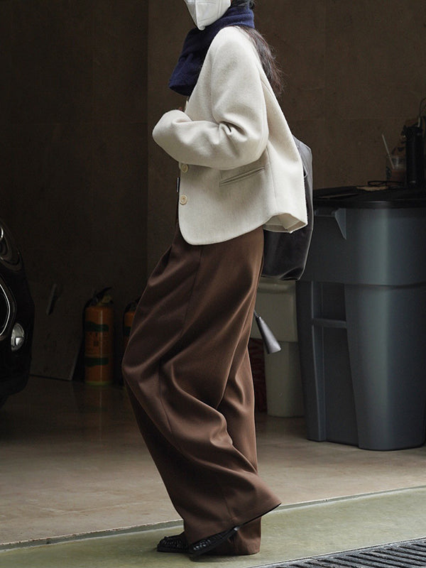 xakxx Loose Pleated Solid Color Wide Leg Pants Bottoms