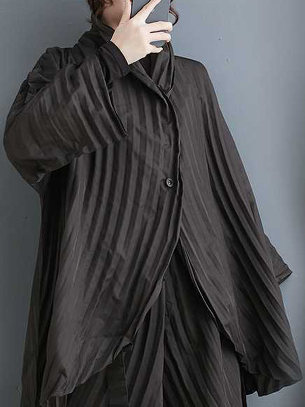 xakxx Long Sleeves Loose Buttoned Pleated Solid Color Stand Collar Shirts Top + Pants Bottom Two Pieces Set