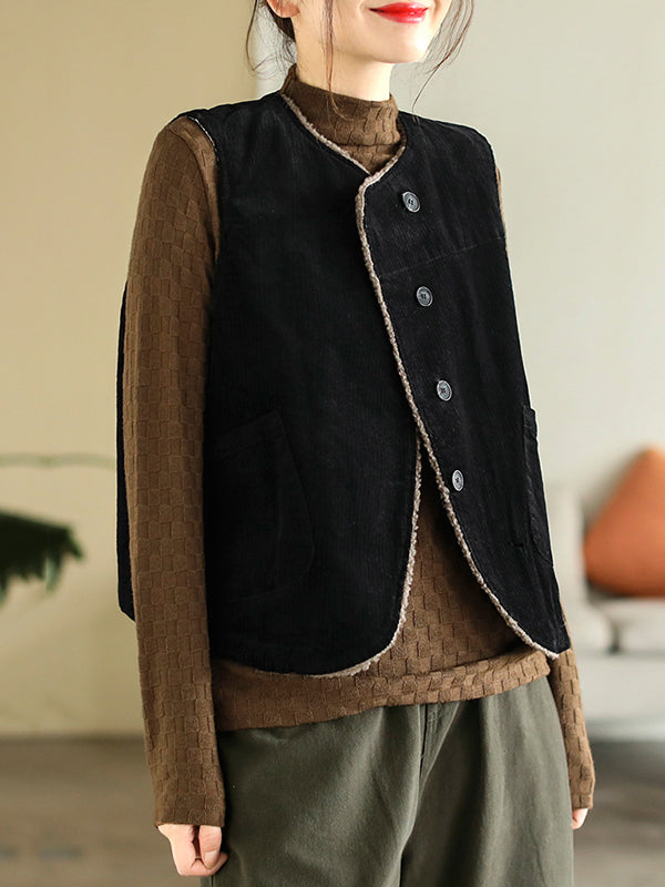 xakxx Vintage Sleeveless Loose Buttoned Split-Joint Solid Color Round-Neck Vest Outerwear