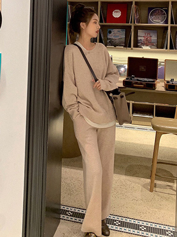 xakxx xakxx-Casual Loose Solid Color Round-Neck Sweater Tops & Wide Leg Pants Suits