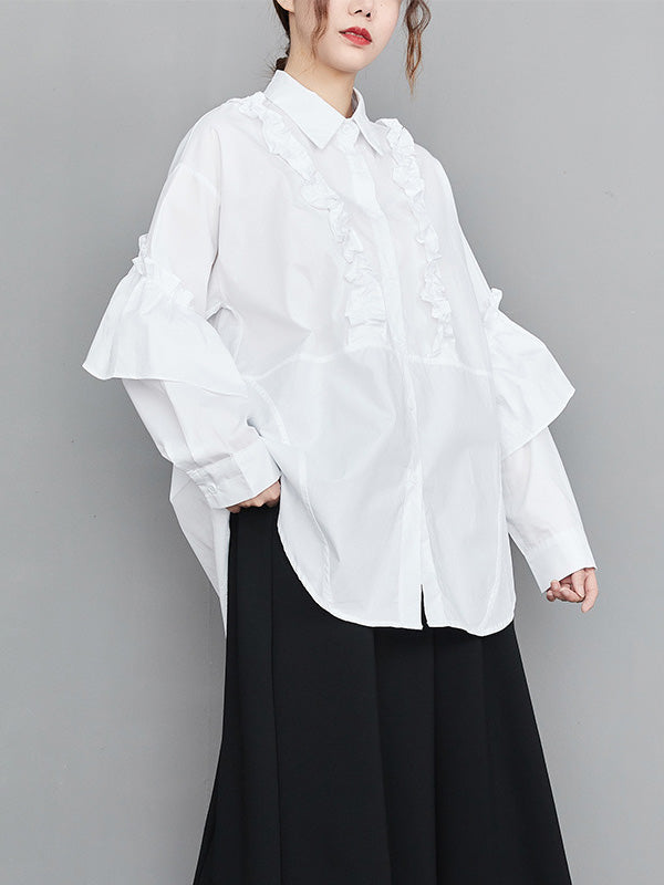 xakxx Casual Loose Long Sleeves Buttoned Ruffled Solid Color Lapel Collar Blouses&Shirts Tops