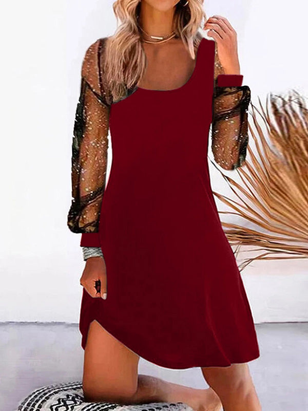 xakxx A-Line Long Sleeves Mesh Split-Joint U-Neck Mini Dresses