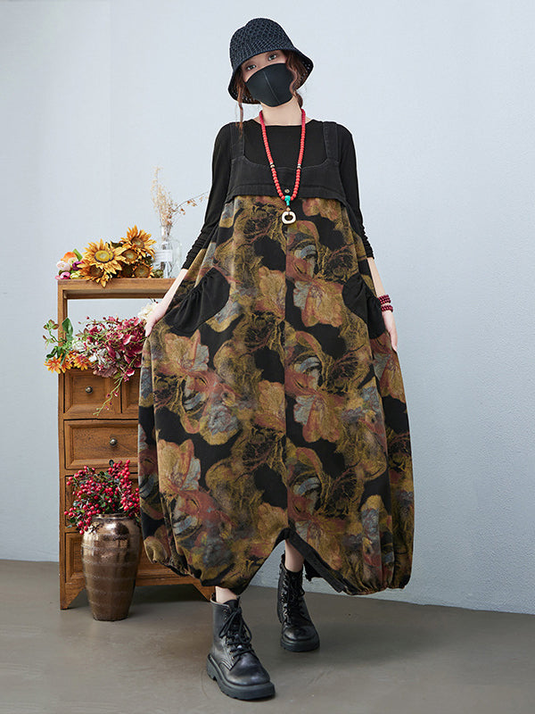 xakxx Artistic Retro Vintage Loose Floral Printed Square-Neck Sleeveless Overalls