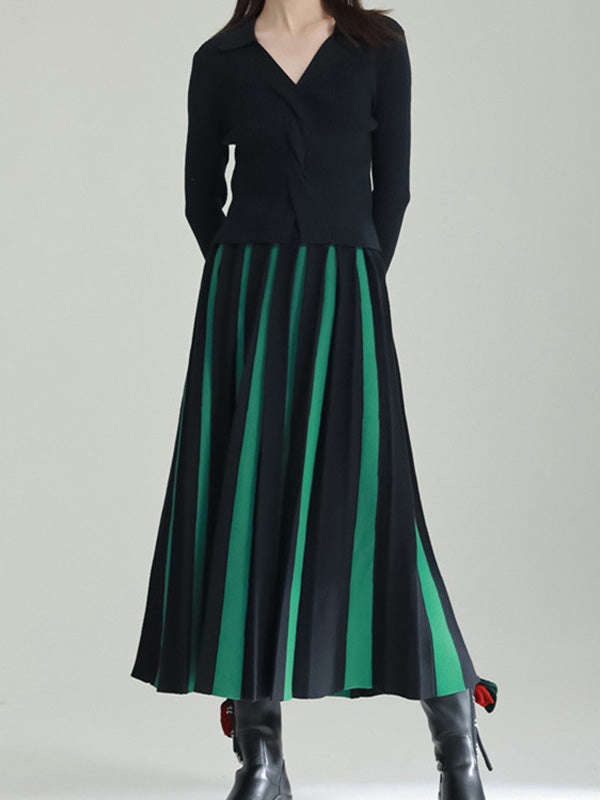 xakxx A-Line Loose Contrast Color Pleated Skirts Bottoms