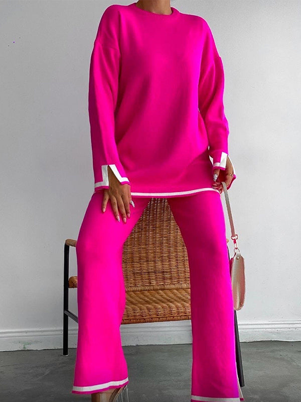 xakxx xakxx-Urban Loose Contrast Color Long Sleeves Round-Neck Sweater Tops & Pants Suits