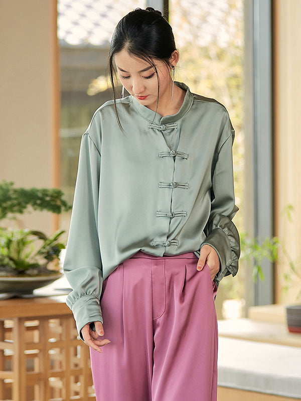 xakxx Vintage Long Sleeves Loose Buttoned Solid Color Stand Collar Blouse Top