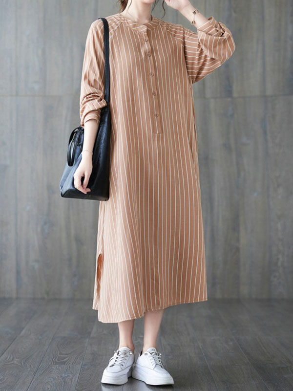xakxx Long Sleeves Loose Buttoned Split-Side Striped Round-Neck Midi Dresses Shirt Dress