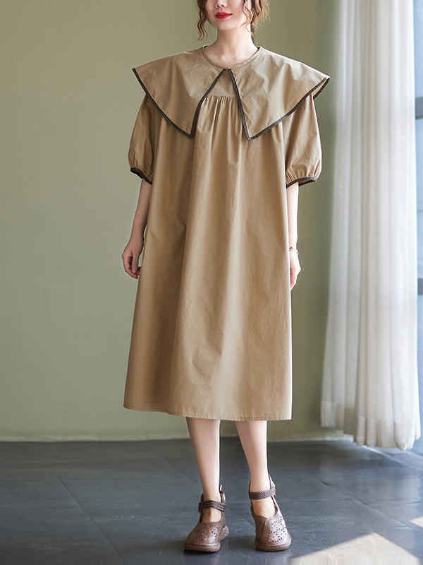 xakxx Loose Short Sleeves Pleated Split-Joint Peter Pan Collar Midi Dresses