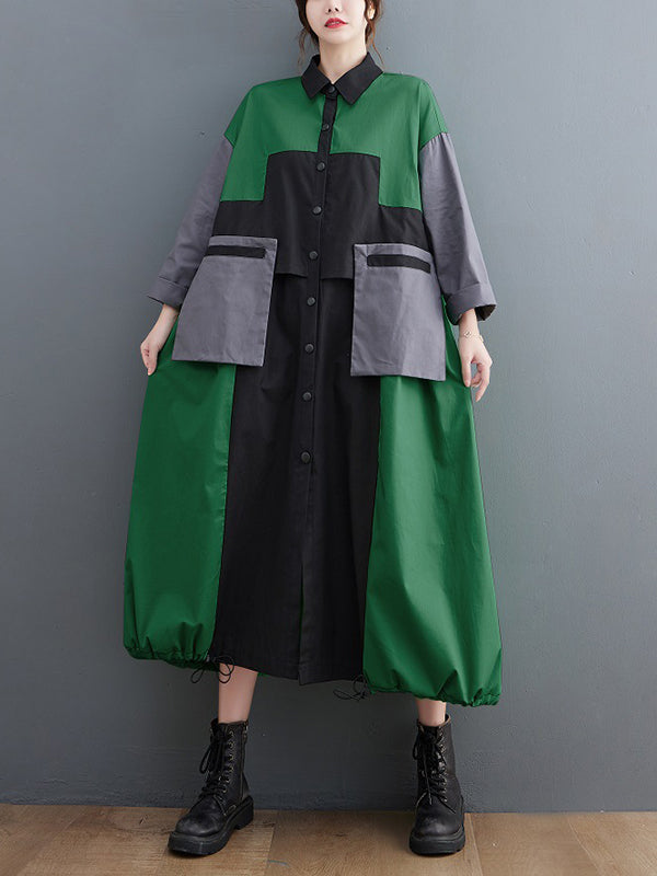xakxx Vintage Loose Long Sleeves Contrast Color Polo Midi Dresses