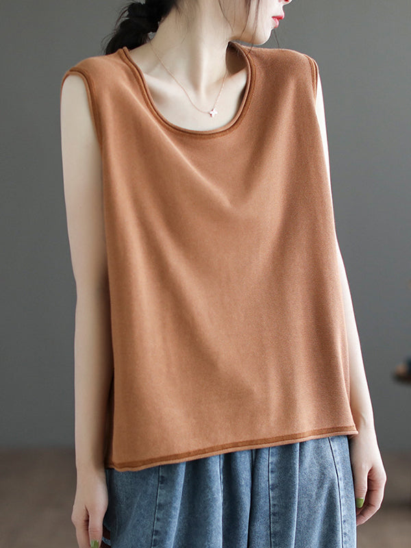 xakxx Loose Sleeveless Solid Color Round-Neck Knitting Vest Top