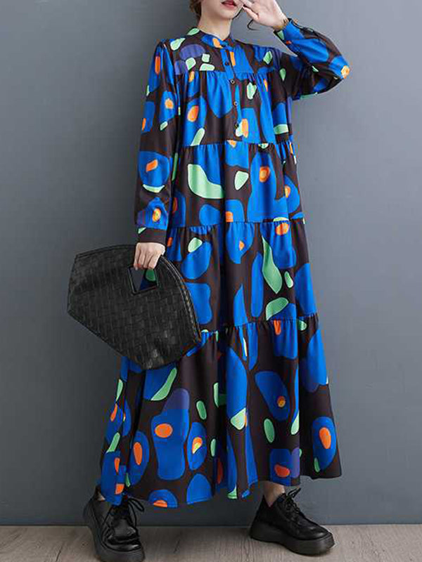 xakxx A-Line Long Sleeves Buttoned Pleated Printed Split-Joint Round-Neck Midi Dresses