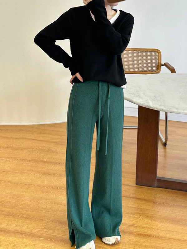 xakxx High Waisted Loose Drawstring Solid Color Split-Side Velvet Pants Trousers