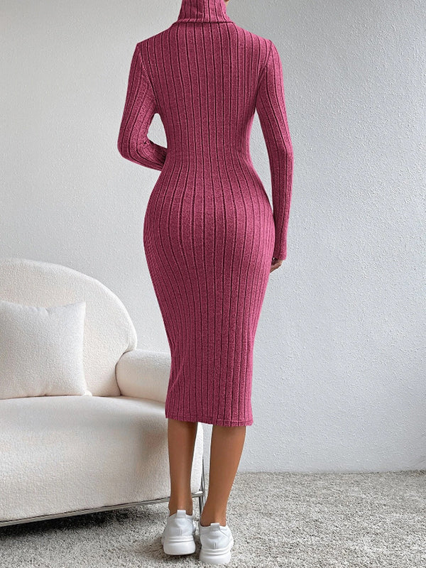 xakxx Long Sleeves Skinny Solid Color Split-Joint High Neck Midi Dresses Sweater Dresses