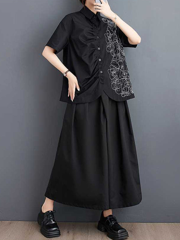 xakxx Irregularity Loose Buttoned Embroidered Pleated Lapel Collar Blouses&Shirts Tops