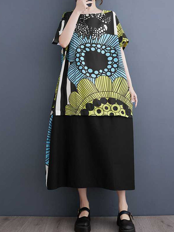 xakxx A-Line Loose Flower Print Pockets Split-Joint Round-Neck Midi Dresses