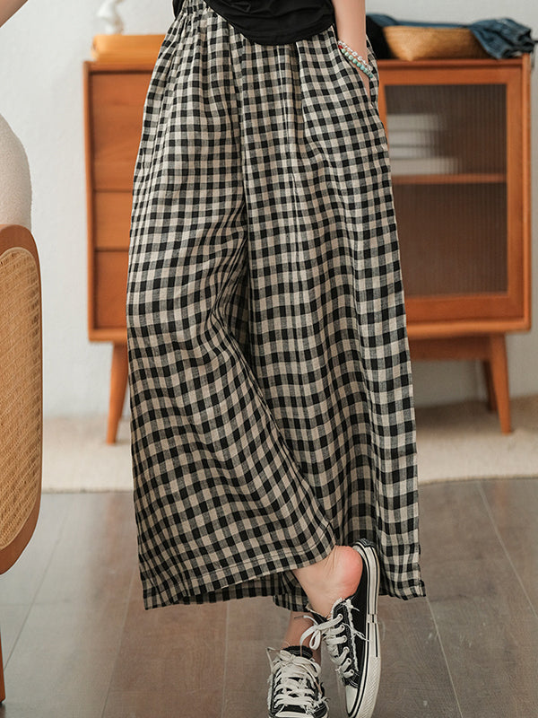 xakxx Artistic Retro Linen Loose Wide Legs Plaid Drawstring Pants