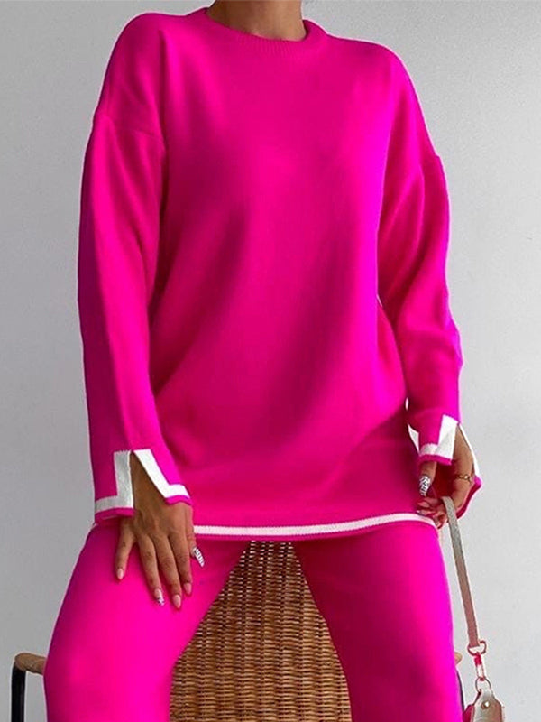 xakxx xakxx-Urban Loose Contrast Color Long Sleeves Round-Neck Sweater Tops & Pants Suits