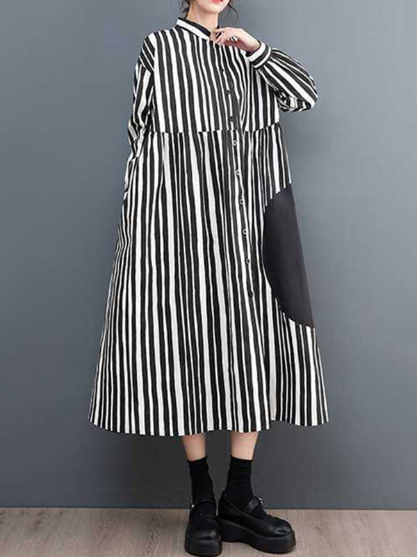 xakxx Long Sleeves Loose Buttoned Split-Joint Striped Mock Neck Midi Dresses