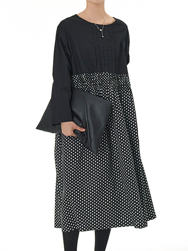 xakxx Long Sleeves Loose Contrast Color Elasticity Pleated Polka-Dot Split-Joint Round-Neck Midi Dresses