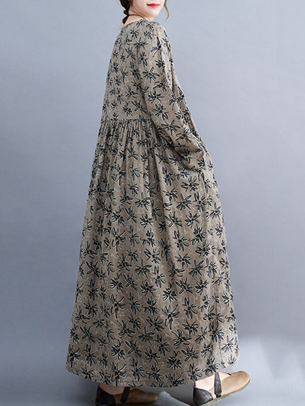 xakxx Artistic Retro Long Sleeves Loose Floral Printed Round-Neck Midi Dresses