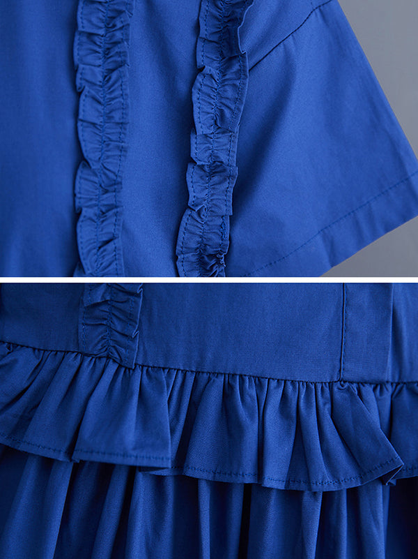 xakxx Simple Short Sleeves Loose Buttoned Falbala Split-Joint Solid Color Midi Shirt Dress