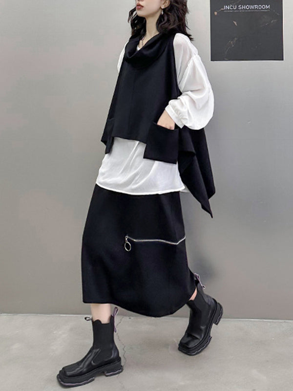 xakxx High-Low Irregular Clipping Hooded Solid Color Heaps Collar Vest Top