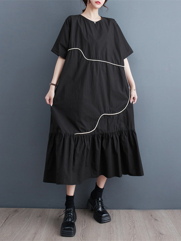 xakxx Loose Short Sleeves Pleated Split-Joint Round-Neck Midi Dresses