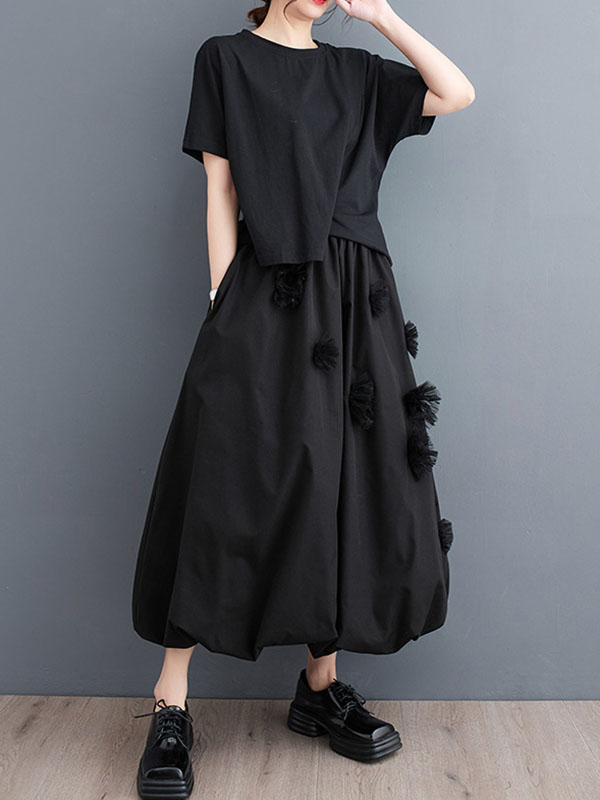 xakxx Loose Flower-Embellished Elastics Solid Color Skirts Bottoms