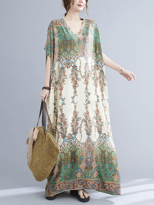 xakxx Vintage Floral Printed V-Neck Batwing Sleeves H-Line Maxi Dress