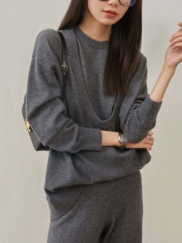 xakxx xakxx-Urban Loose Solid Round-Neck Vest Top& V-Neck Sweater Tops& Wide Leg Pants Three-Piece Set