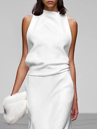 xakxx Loose Sleeveless Solid Color High-Neck Vest Tops&Skirts Bottoms Two Pieces Set