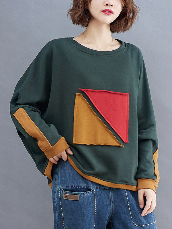 xakxx Artistic Retro Loose Triangle Applique Contrast Color Round-Neck Long Raglan Sleeves Sweatshirt