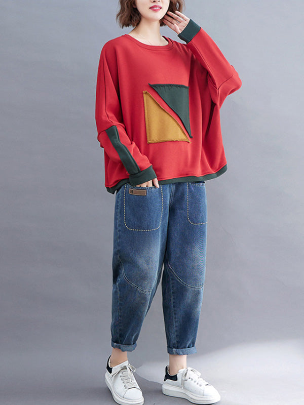 xakxx Artistic Retro Loose Triangle Applique Contrast Color Round-Neck Long Raglan Sleeves Sweatshirt