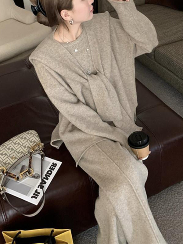 xakxx xakxx-Solid Color Long Sleeves Loose Round-Neck Three Pieces Set