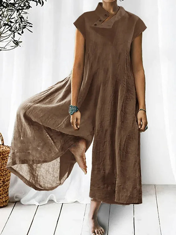 xakxx Cap Sleeve Wide Leg Stand Collar Jumpsuits