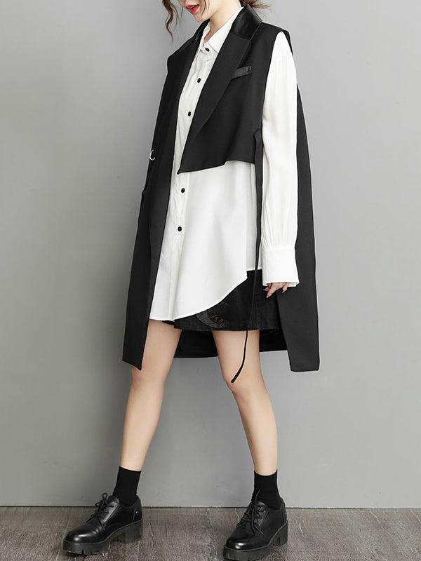 xakxx Sleeveless Asymmetric Pockets Tied Notched Collar Vest Outerwear