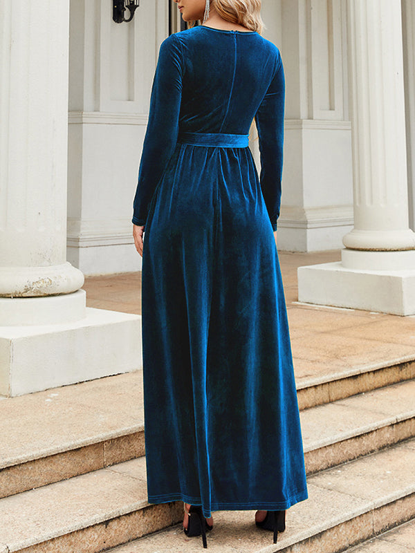 xakxx Long Sleeves Wrap Belted Pleated Solid Color Zipper Round-Neck Maxi Dresses